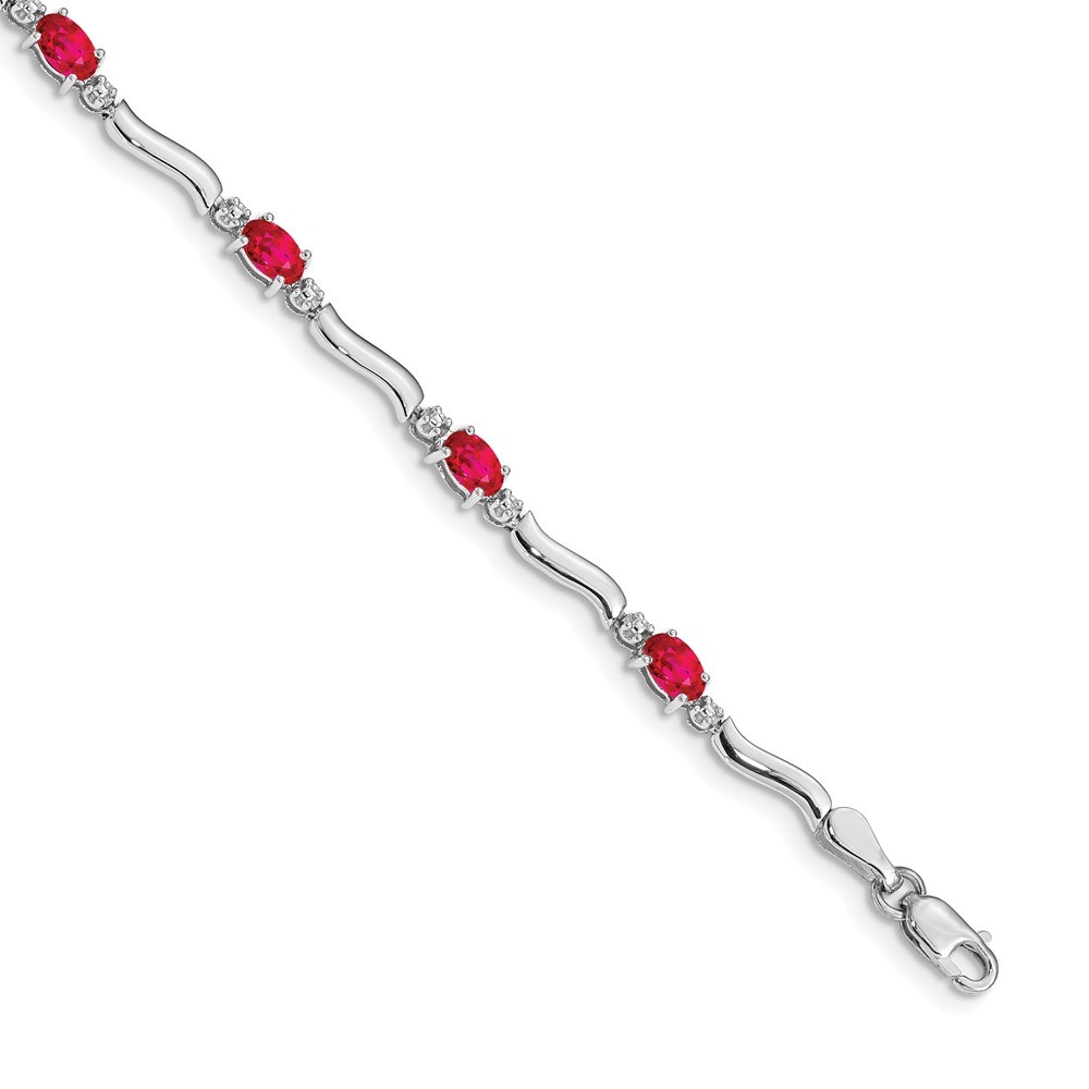 14k White Gold Diamond and Red Ruby (July Birthstone) Bracelet, 7" Length